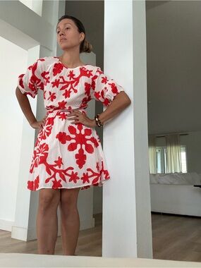 Divided White Mini Dress with Red Floral Print